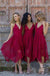 A line Deep V Neck Lace Spaghetti Straps Asymmetrical Bridesmaid Dresses OB0003