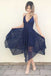 A line Deep V Neck Lace Spaghetti Straps Asymmetrical Bridesmaid Dresses OB0003