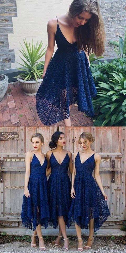 A line Deep V Neck Lace Spaghetti Straps Asymmetrical Bridesmaid Dresses OB0003