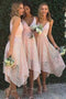 A line Deep V Neck Lace Spaghetti Straps Asymmetrical Bridesmaid Dresses OB0003