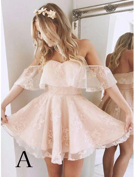 Cute A Line Pink Lace Off the Shoulder Short Prom Dresses, Sweetheart Homecoming Dress OMH0091
