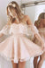 Cute A Line Pink Lace Off the Shoulder Short Prom Dresses, Sweetheart Homecoming Dress OMH0091