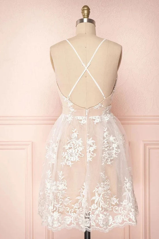 Pink Spaghetti Straps Lace V Neck Short Homecoming Dresses, Graduation Dress OMH0200