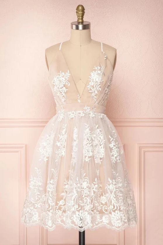 Pink Spaghetti Straps Lace V Neck Short Homecoming Dresses, Graduation Dress OMH0200
