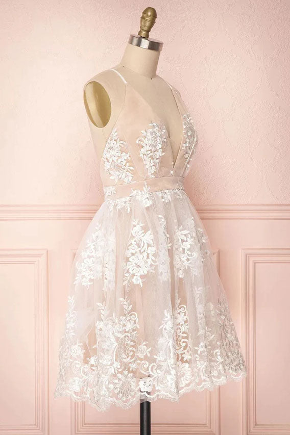 Pink Spaghetti Straps Lace V Neck Short Homecoming Dresses, Graduation Dress OMH0200