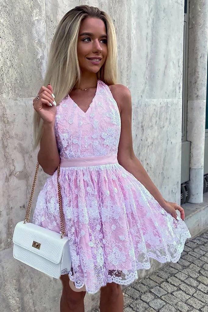 Unique A Line Pink Lace Halter Backless Short Prom Dresses, Homecoming Dresses OMH0248