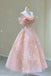 A line Pink Tulle Lace Off The Shoulder Prom Dresses, Formal Evening Dress OM0308
