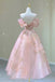 A line Pink Tulle Lace Off The Shoulder Prom Dresses, Formal Evening Dress OM0308