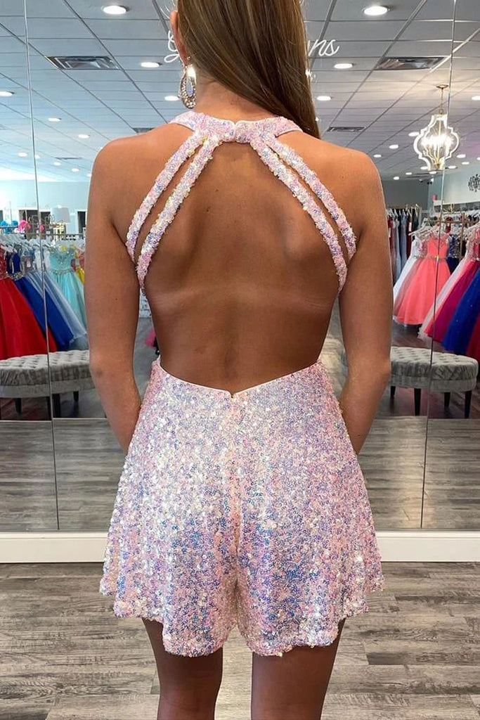 Sparkle A Line Pink Sequins Short Homecoming Dresses, Scoop Mini Cocktail Dress OMH0237