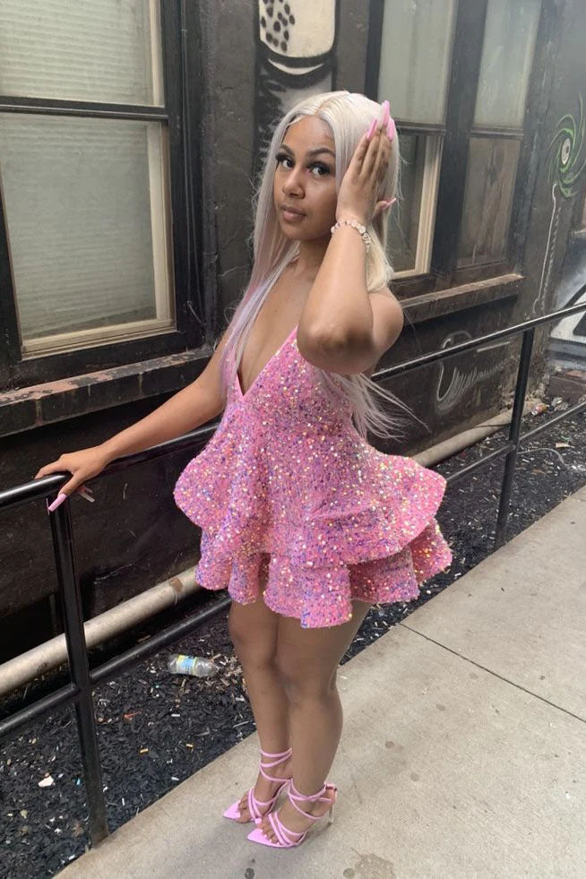 Sparkly A line Pink Sequins Halter V Neck Homecoming Dresses, Sweet 16 Dresses OMH0242