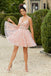 A Line Spaghetti Straps Lace up Pink V Neck Lace Appliques Graduation Homecoming Dress OMH0048