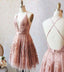 Simple A line Spaghetti Straps Pink V neck Homecoming Dresses with Appliques OMH0026