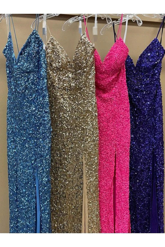 Glitter Mermaid Pink Spaghetti Straps Sequins V Neck Prom Dresses, Evening Dresses OM0289