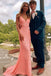 Glitter Mermaid Pink Spaghetti Straps Sequins V Neck Prom Dresses, Evening Dresses OM0289