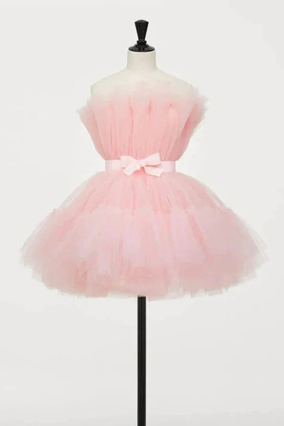 Light Pink Tulle Strapless Short Homecoming Dress with Sash, Graduation Dresses OMH0196