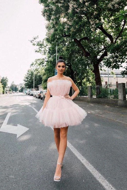Light Pink Tulle Strapless Short Homecoming Dress with Sash, Graduation Dresses OMH0196