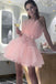 Light Pink Tulle Strapless Short Homecoming Dress with Sash, Graduation Dresses OMH0196