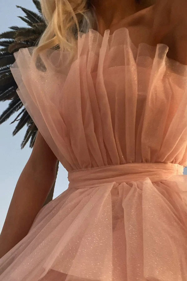 A Line Pink Strapless Tiered Tulle Homecoming Dress With Layers, Graduation Dresses OMH0078