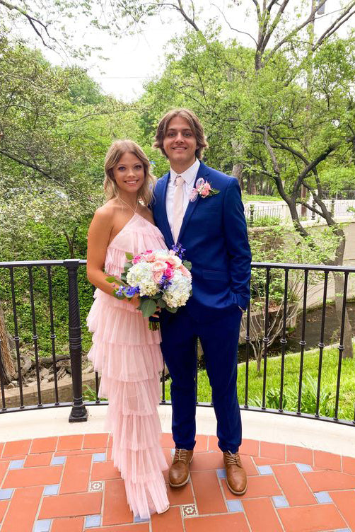A Line Pink Halter Tulle Long Prom Dress, Layers Sleeveless Unique Dance Dresses OM0329