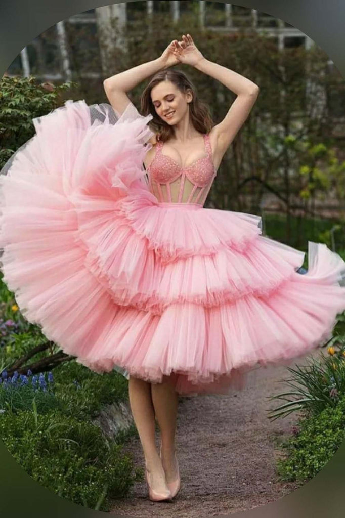 Ball Gown Sweetheart Beaded Crystal Tiered Pink Short Prom Dresses, Homecoming Dress OM0204