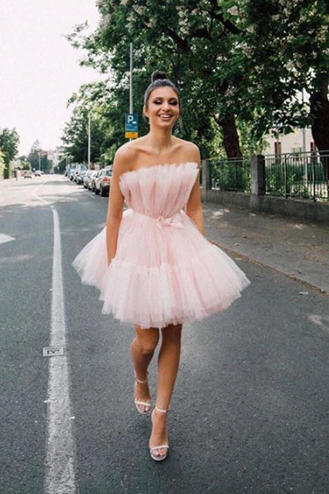 A Line Pink Tulle Strapless Short Prom Dresses, Sleeveless Homecoming Dresses OMH0083