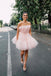 A Line Pink Tulle Strapless Short Prom Dresses, Sleeveless Homecoming Dresses OMH0083