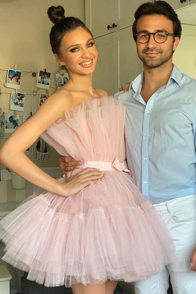 A Line Pink Tulle Strapless Short Prom Dresses, Sleeveless Homecoming Dresses OMH0083