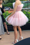 A Line Pink Tulle Strapless Short Prom Dresses, Sleeveless Homecoming Dresses OMH0083