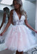 Pricess A Line V Neck Pink Tulle Short Prom Dresses with Appliqeus Homecoming Dresses OMH0094