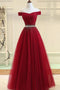 Burgundy A Line Off the Shoulder Beads Long Prom Dress PDI52