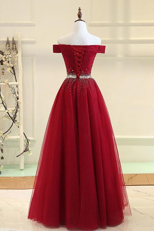 Burgundy A Line Off the Shoulder Beads Long Prom Dress PDI52