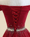 Burgundy A Line Off the Shoulder Beads Long Prom Dress PDI52
