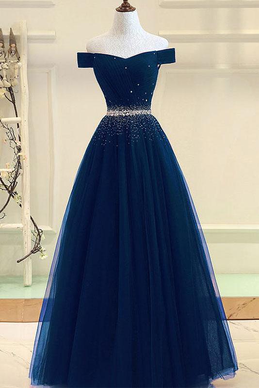 Burgundy A Line Off the Shoulder Beads Long Prom Dress PDI52