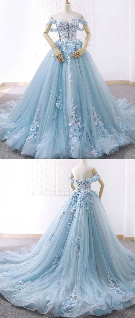 Light Blue Sweetheart Tulle Appliques Ball Gown Prom Dresses PDE89