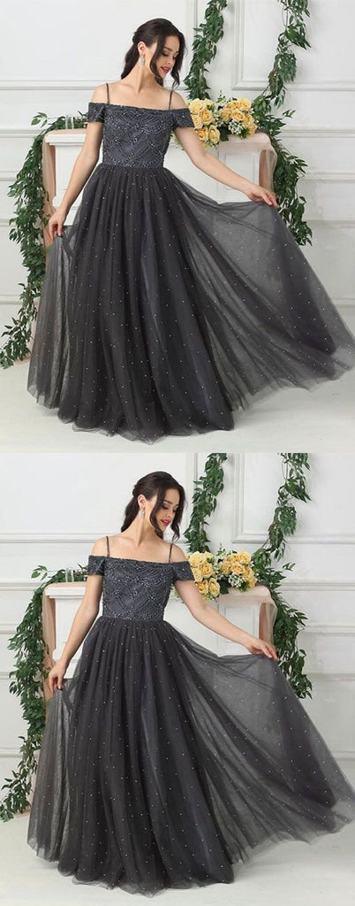 Grey Tulle A Line Beads Long Prom Dress,Evening Dresses PDE88