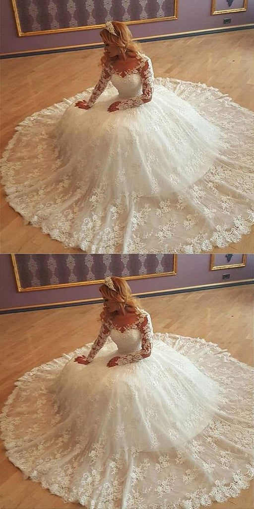 Stunning Tulle Bateau Long Sleeves Ball Gown Wedding Dress With Lace Appliques PDF24
