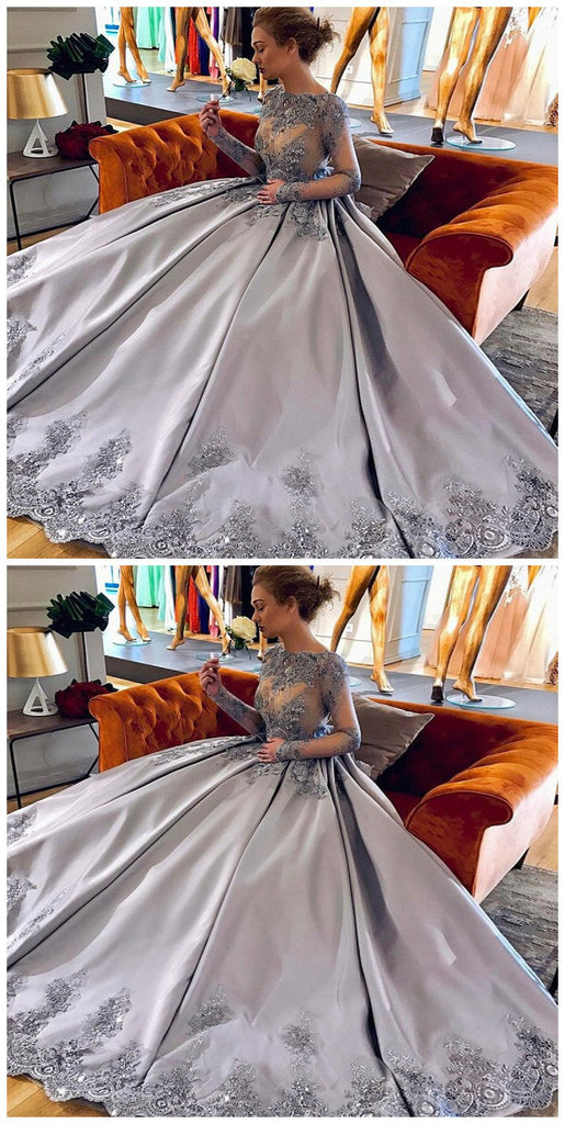 Elegant A-Line Bateau Long Sleeves Grey Satin Prom Dress with Appliques PDF55