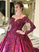 Long Sleeves Lace Appliques Burgundy Court Train Ball Gown Prom Dresses PDS8