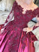 Long Sleeves Lace Appliques Burgundy Court Train Ball Gown Prom Dresses PDS8