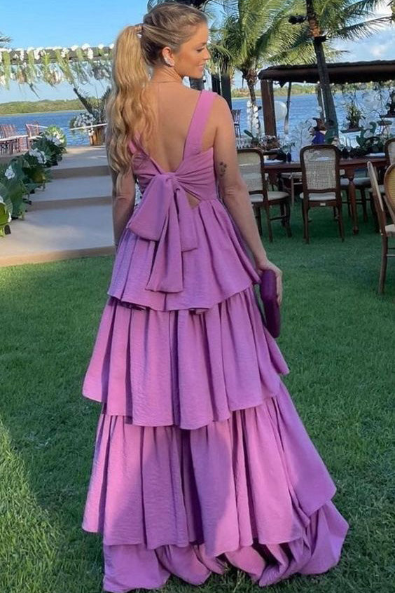 Simple A Line Purple Straps Layers Prom Dresses, Backless Evening Graduation Gowns OM0327