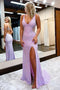 Lilac Mermaid Sequined V neck Open Back Prom Dresses with Slit, Party Dresses OM0167