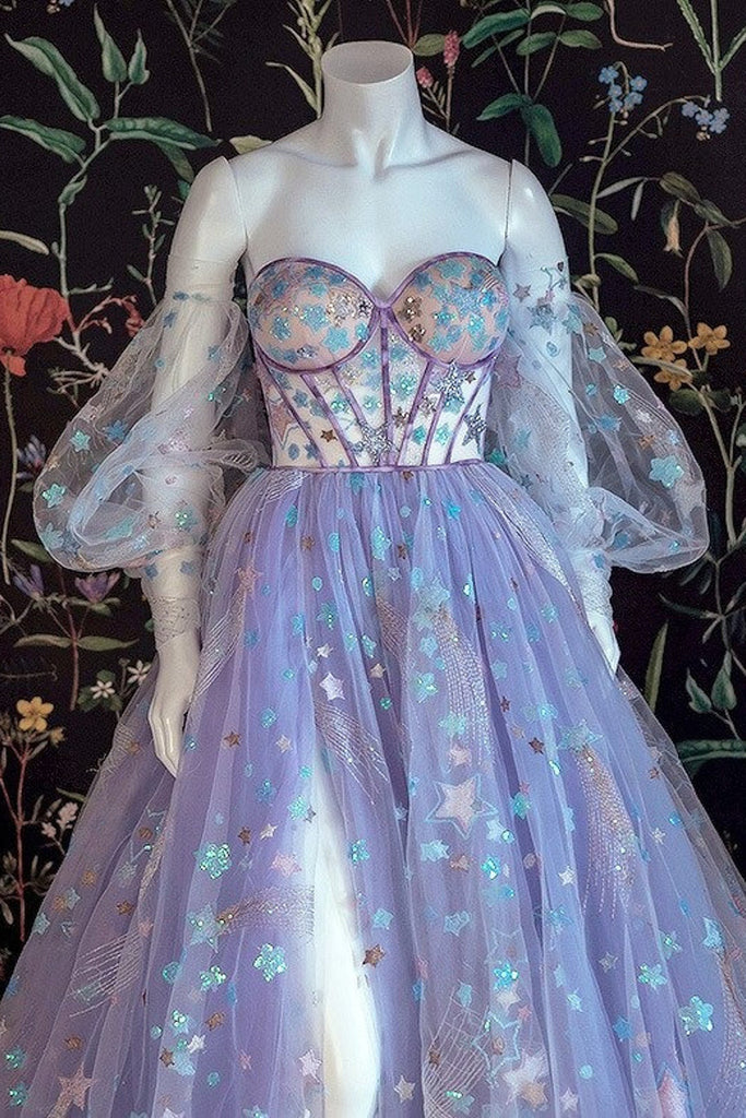 Charming Light Purple Tulle Sweetheart Strapless A line Prom Dresses with Slit Stars OM0157