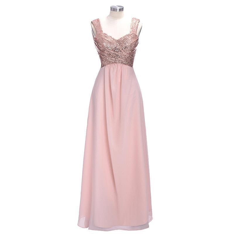 Rose Gold A Line Spaghetti Straps Prom Gown Backless Sequins Chiffon Bridesmaid Dress PDI10