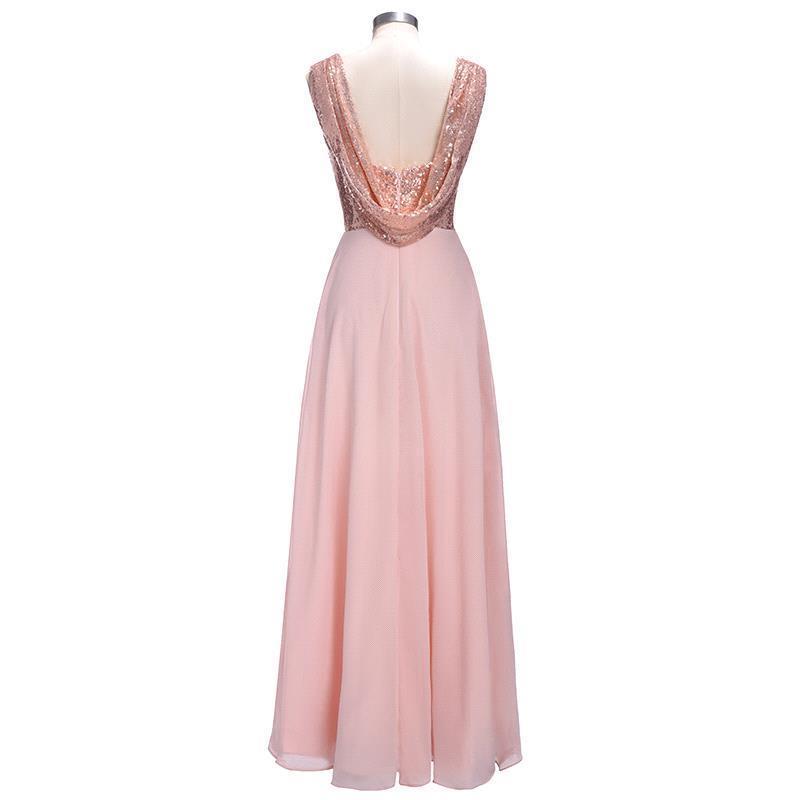 Rose Gold A Line Spaghetti Straps Prom Gown Backless Sequins Chiffon Bridesmaid Dress PDI10