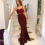 Mermaid Spaghetti Straps Long Burgundy Prom Dress with Lace Appliques PDE83