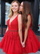 Red Lace Applique Beaded Homecoming Dresses V Neck Tulle Short Prom Dress PDO11