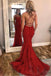 Burgundy Spaghetti Strap Mermaid Stunning Prom Dresses with Lace Appliques PDJ3
