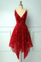 A Line Red Lace Spaghetti Straps V neck Asymmetrical Sequins Homecoming Dresses OMH0119