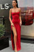 Sheath Spaghetti Straps Red Prom Dresses with Slit, Long Satin Evening Dresses OM0144