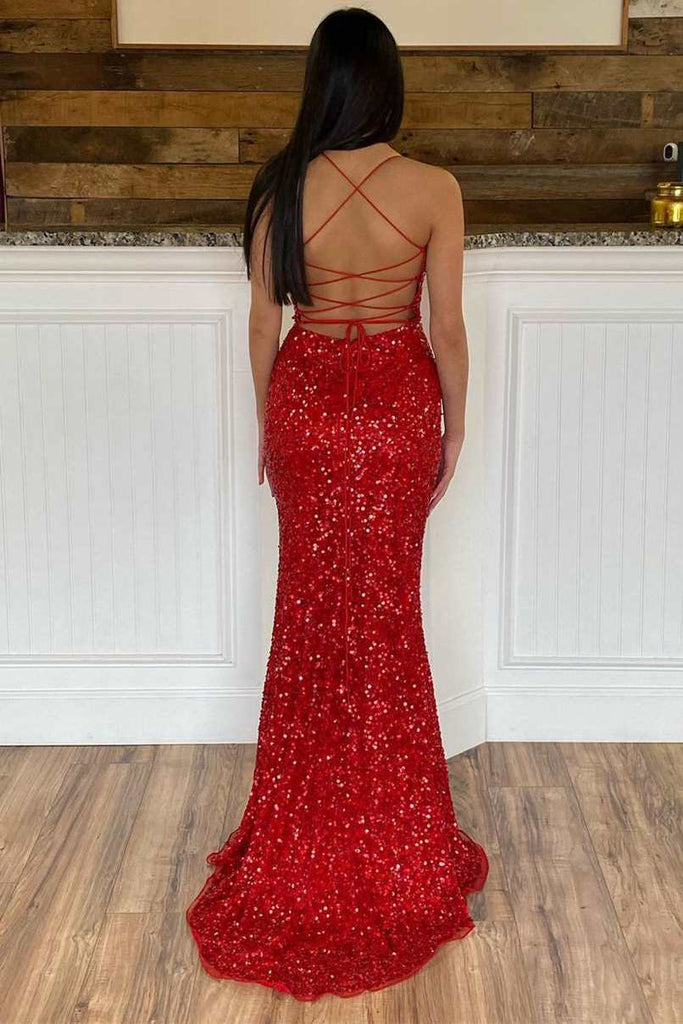 Glitter Mermaid Hot Pink Sequins Long Prom Dresses, Sexy Graduation Dresses OM0274